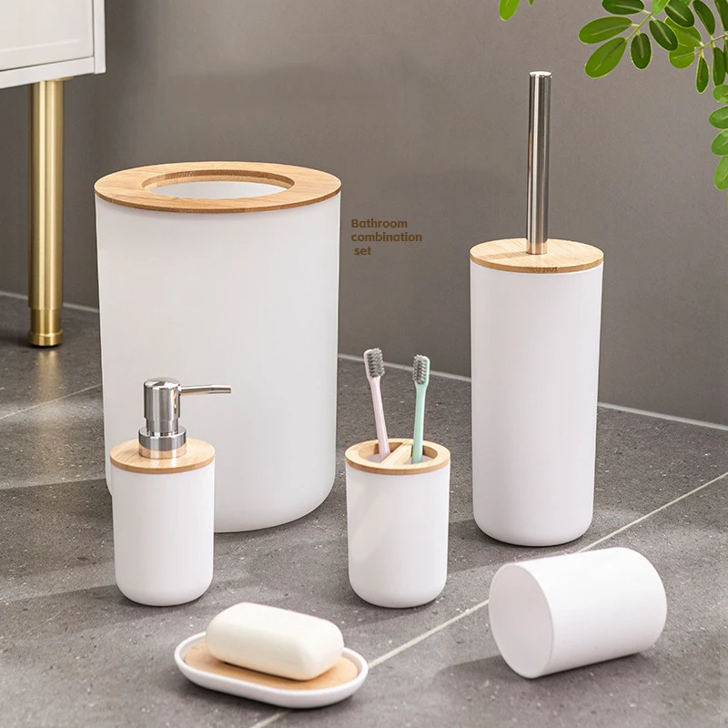 Bamboo Toothbrush Set - 6Pcs/Set Soap Dispenser Box Toilet Brush